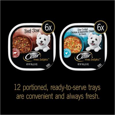 Show full view: Cesar Home Delights Slow Cooked Chicken & Vegetables & Beef Stew Variety Pack Food Trays + Pedigree Tender Bites Complete Nutrition Chicken & Steak Flavor Dry Dog Food slide 4 of 9