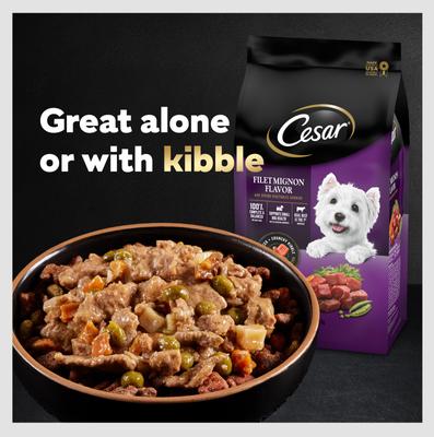 Show full view: Cesar Home Delights Slow Cooked Chicken & Vegetables Dinner in Sauce Small Breed Adult Wet Dog Food Trays, 3.5-oz, case of 24 slide 9 of 12