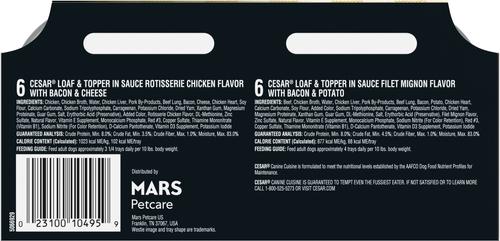 Show full view: Cesar Loaf in Sauce Rotisserie Chicken & Filet Mignon Flavors Variety Pack Grain-Free Small Breed Adult Wet Dog Food Trays, 3.5-oz, case of 12 slide 3 of 12