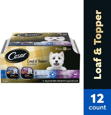 Show full view: Cesar Loaf in Sauce Rotisserie Chicken & Filet Mignon Flavors Variety Pack Grain-Free Small Breed Adult Wet Dog Food Trays, 3.5-oz, case of 12 slide 4 of 12