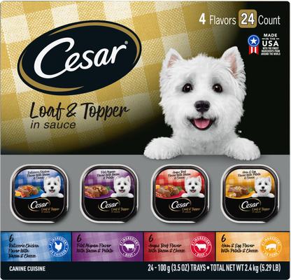 Show full view: Cesar Loaf in Sauce Variety Pack Grain-Free Small Breed Adult Wet Dog Food Trays, 3.5-oz tray, bundle of 48  slide 3 of 11