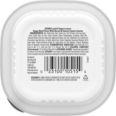 Show full view: Cesar Loaf & Topper in Sauce Angus Beef Flavor with Bacon & Cheese Grain-Free Small Breed Adult Wet Dog Food Trays, 3.5-oz, case of 24 slide 3 of 12