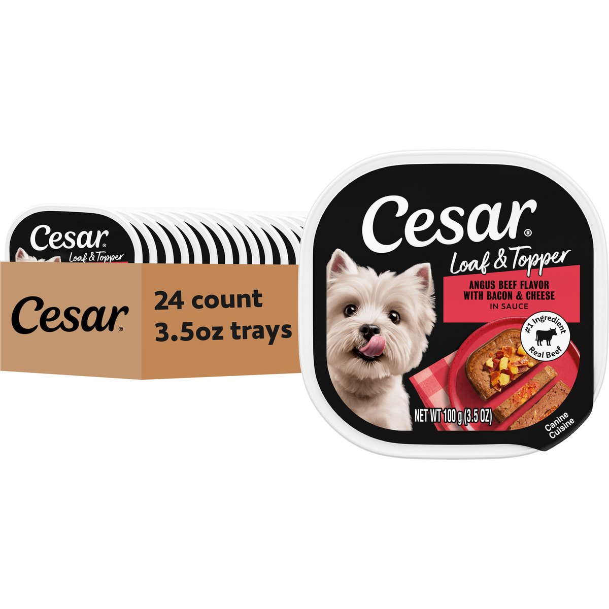 Cesar Loaf & Topper in Sauce Angus Beef Flavor with Bacon & Cheese Grain-Free Small Breed Adult Wet Dog Food Trays, 3.5-oz, case of 24