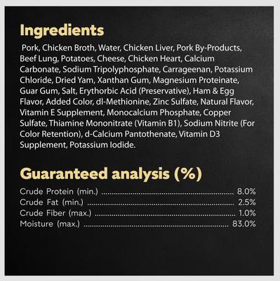Show full view: Cesar Loaf & Topper in Sauce Ham & Egg Flavor with Potato & Cheese Grain-Free Small Breed Adult Wet Dog Food, 3.5-oz, case of 24 slide 7 of 12