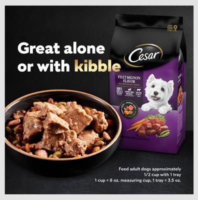 Show full view: Cesar Loaf & Topper in Sauce Ham & Egg Flavor with Potato & Cheese Grain-Free Small Breed Adult Wet Dog Food, 3.5-oz, case of 24 slide 9 of 12