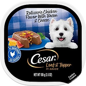 Cesar Loaf & Topper in Sauce Rotisserie Chicken Flavor with Bacon & Cheese Dog Food Trays, 3.5-oz, case of 24