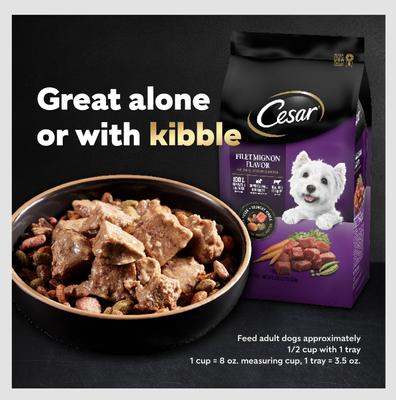 Show full view: Cesar Loaf & Topper in Sauce Rotisserie Chicken Flavor with Bacon & Cheese Dog Food Trays, 3.5-oz, case of 24 slide 10 of 12