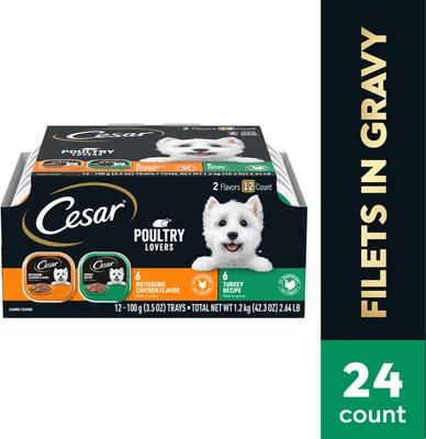 Show full view: Cesar Poultry Lovers Turkey & Chicken Filets in Gravy Variety Pack Small Breed Adult Wet Dog Food Trays, 3.5-oz, case of 12 slide 4 of 12
