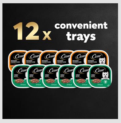 Show full view: Cesar Poultry Lovers Turkey & Chicken Filets in Gravy Variety Pack Small Breed Adult Wet Dog Food Trays, 3.5-oz, case of 12 slide 9 of 12