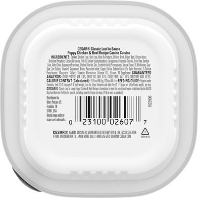 Show full view: Cesar Puppy Classic Loaf in Sauce Chicken & Beef Recipe Small Breed Wet Dog Food Trays, 3.5-oz, case of 24 slide 3 of 12