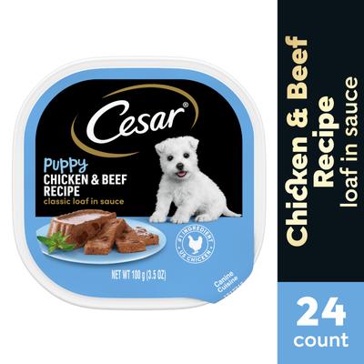 Show full view: Cesar Puppy Classic Loaf in Sauce Chicken & Beef Recipe Small Breed Wet Dog Food Trays, 3.5-oz, case of 24 slide 4 of 12