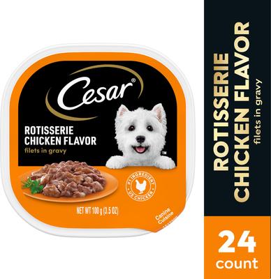 Show full view: Cesar Rotisserie Chicken Flavor Filets in Gravy Small Breed Adult Wet Dog Food Trays, 3.5-oz, case of 24 slide 4 of 12