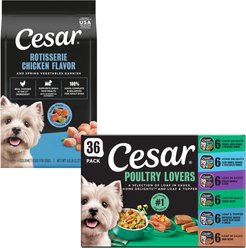 Cesar Rotisserie Chicken Flavor & Spring Vegetables Garnish Dry Food + Poultry Lover's Variety Pack Wet Dog Food slide 1 of 9