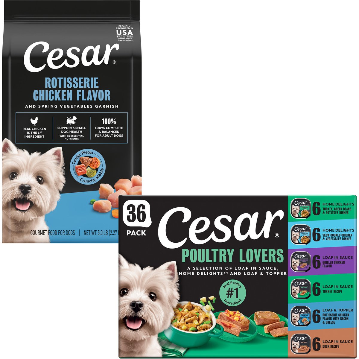 Cesar Rotisserie Chicken Flavor & Spring Vegetables Garnish Dry Food + Poultry Lover's Variety Pack Wet Dog Food