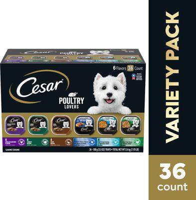 Show full view: Cesar Rotisserie Chicken Flavor & Spring Vegetables Garnish Dry Food + Poultry Lover's Variety Pack Wet Dog Food slide 3 of 10
