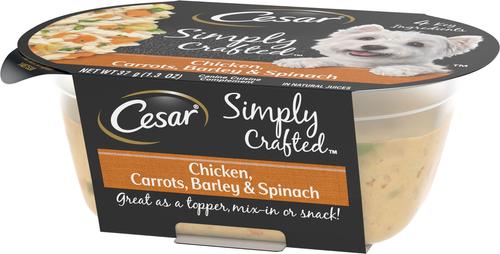 Show full view: Cesar Simply Crafted Chicken, Carrots, Barley & Spinach Limited-Ingredient Adult Wet Dog Food Topper, 1.3-oz, case of 10 slide 4 of 11