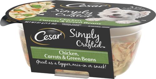 Show full view: Cesar Simply Crafted Chicken, Carrots & Green Beans Limited-Ingredient Wet Dog Food Topper, 1.3-oz, case of 10 slide 4 of 11