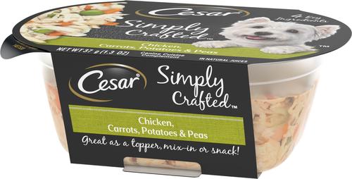 Show full view: Cesar Simply Crafted Chicken, Carrots, Potatoes & Peas Limited-Ingredient Adult Wet Dog Food Topper, 1.3-oz, case of 10 slide 4 of 11