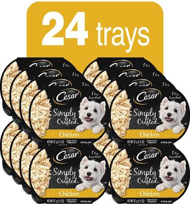 Show full view: Cesar Simply Crafted Chicken Cuisine Complement Adult Wet Dog Food Topper, 1.3-oz tubs, case of 24 slide 3 of 9