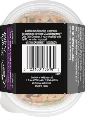 Show full view: Cesar Simply Crafted Chicken, Duck, Purple Potatoes, Pumpkin, Green Beans & Brown Rice Adult Wet Dog Food Meal Topper, 1.3-oz tray, case of 10 slide 3 of 11
