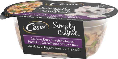 Show full view: Cesar Simply Crafted Chicken, Duck, Purple Potatoes, Pumpkin, Green Beans & Brown Rice Adult Wet Dog Food Meal Topper, 1.3-oz tray, case of 10 slide 4 of 11