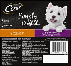 Cesar Simply Crafted Chicken, Duck, Purple Potatoes, Pumpkin, Green Beans & Brown Rice & Chicken, Carrots, Barley & Spinach Variety Pack Adult Wet Dog Food Meal Topper, 1.3-oz tub, case of 16 slide 2 of 9