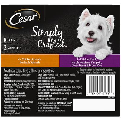 Show full view: Cesar Simply Crafted Chicken, Duck, Purple Potatoes, Pumpkin, Green Beans & Brown Rice & Chicken, Carrots, Barley & Spinach Variety Pack Adult Wet Dog Food Meal Topper, 1.3-oz tub, case of 16 slide 3 of 11