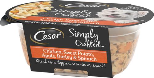 Show full view: Cesar Simply Crafted Chicken, Sweet Potato, Apple, Barley & Spinach Limited-Ingredient Adult Wet Dog Food Topper, 1.3-oz, case of 10 slide 4 of 11