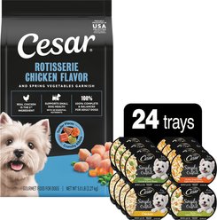 Cesar Simply Crafted Cuisine Complement Wet Food Variety Pack + Rotisserie Chicken Flavor & Spring Vegetables Garnish Dry Dog Food
