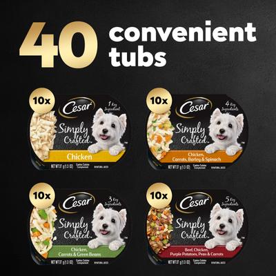 Show full view: Cesar Simply Crafted Multipack Adult Chicken & Beef Recipes Shredded Wet Dog Food, 1.3-oz tray, 40 count slide 4 of 11