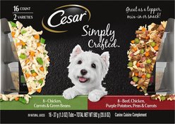 Cesar Simply Crafted Variety Pack Chicken, Carrots & Green Beans & Beef, Chicken, Purple Potatoes, Peas & Carrots Adult Wet Dog Food Topper, 1.3-oz tray, bundle of 32 