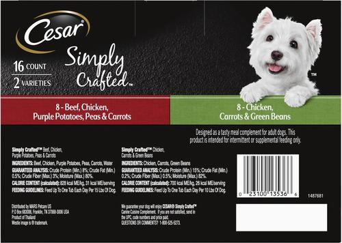 Show full view: Cesar Simply Crafted Variety Pack Chicken, Carrots & Green Beans & Beef, Chicken, Purple Potatoes, Peas & Carrots Wet Dog Food Topper, 1.3-oz can, 16 count slide 3 of 11