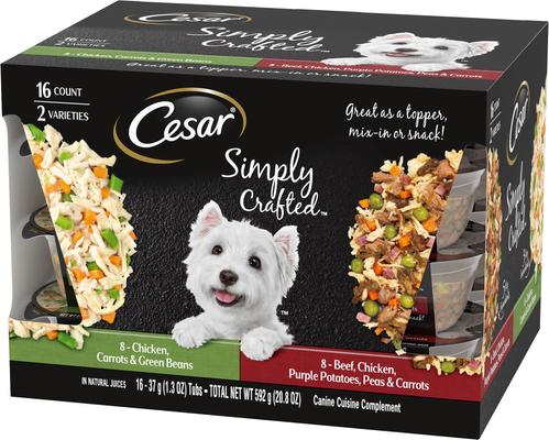 Show full view: Cesar Simply Crafted Variety Pack Chicken, Carrots & Green Beans & Beef, Chicken, Purple Potatoes, Peas & Carrots Wet Dog Food Topper, 1.3-oz can, 16 count slide 4 of 11