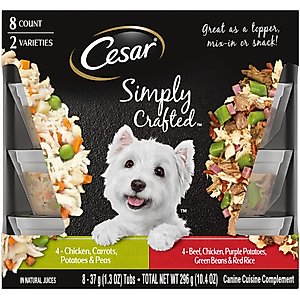 Cesar Simply Crafted Variety Pack Chicken, Carrots, Potatoes & Peas & Beef, Chicken, Purple Potatoes, Green Beans & Red Rice Adult Wet Dog Food Topper, 1.3-oz, pack of 8