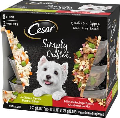 Show full view: Cesar Simply Crafted Variety Pack Chicken, Carrots, Potatoes & Peas & Beef, Chicken, Purple Potatoes, Green Beans & Red Rice Adult Wet Dog Food Topper, 1.3-oz, pack of 8 slide 4 of 11