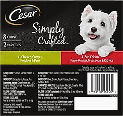 Cesar Simply Crafted Variety Pack Chicken, Carrots, Potatoes & Peas, & Beef, Chicken, Purple Potatoes, Green Beans & Red Rice Wet Dog Food Topper, 1.3-oz tray, bundle of 16  slide 2 of 9