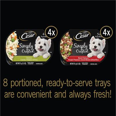 Show full view: Cesar Simply Crafted Variety Pack Chicken, Carrots, Potatoes & Peas, & Beef, Chicken, Purple Potatoes, Green Beans & Red Rice Wet Dog Food Topper, 1.3-oz tray, bundle of 16  slide 4 of 11