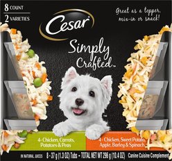 Cesar Simply Crafted Variety Pack Chicken, Carrots, Potatoes & Peas & Chicken, Sweet Potato, Apple, Barley & Spinach Limited-Ingredient Wet Dog Food Topper, 1.3-oz tray, bundle of 16 
