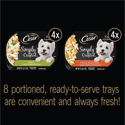 Show full view: Cesar Simply Crafted Variety Pack Chicken, Carrots, Potatoes & Peas & Chicken, Sweet Potato, Apple, Barley & Spinach Limited-Ingredient Wet Dog Food Topper, 1.3-oz tray, bundle of 16  slide 4 of 11