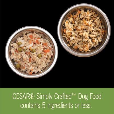 Show full view: Cesar Simply Crafted Variety Pack Chicken, Carrots, Potatoes & Peas & Chicken, Sweet Potato, Apple, Barley & Spinach Limited-Ingredient Wet Dog Food Topper, 1.3-oz tray, bundle of 16  slide 5 of 11