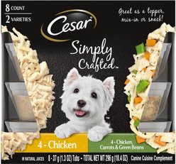 Cesar Simply Crafted Variety Pack Chicken & Chicken, Carrots & Green Beans Limited-Ingredient Adult Wet Dog Food Topper, 1.3-oz, pack of 8