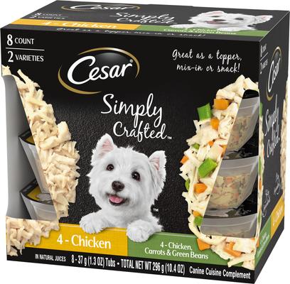 Show full view: Cesar Simply Crafted Variety Pack Chicken & Chicken, Carrots & Green Beans Limited-Ingredient Adult Wet Dog Food Topper, 1.3-oz, pack of 8 slide 4 of 11