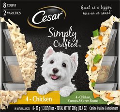 Cesar Simply Crafted Variety Pack Chicken & Chicken, Carrots & Green Beans Limited-Ingredient Wet Dog Food Topper, 1.3-oz tray, bundle of 16 