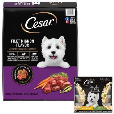 Cesar Cesar Simply Crafted Variety Pack Chicken & Chicken, Carrots & Green Beans Wet Food Topper + Filet Mignon Flavor & Spring Vegetables Garnish Dry Food