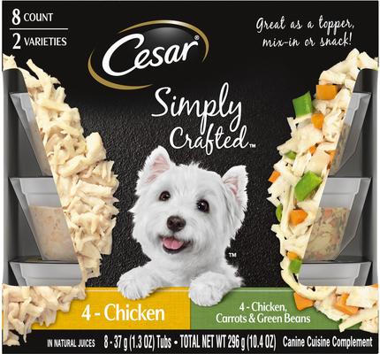 Show full view: Cesar Simply Crafted Variety Pack Chicken & Chicken, Carrots & Green Beans Wet Food Topper + Filet Mignon Flavor & Spring Vegetables Garnish Dry Food slide 2 of 9