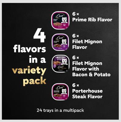 Show full view: Cesar Steak Lovers Variety Pack Small Breed Adult Wet Dog Food, 3.5-oz, case of 24 slide 10 of 11