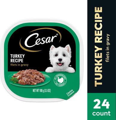 Show full view: Cesar Turkey Recipe Filets in Gravy Small Breed Adult Wet Dog Food Trays, 3.5-oz, case of 24 slide 4 of 12