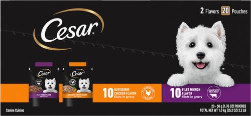 Show full view: Cesar Variety Pack Filet Mignon & Rotisserie Chicken Flavor Filets in Gravy Wet Dog Food, 1.76-oz pouch, case of 40 slide 3 of 10