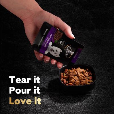 Show full view: Cesar Variety Pack Filet Mignon, Rotisserie Chicken, & Wood-Grilled Chicken Flavor Filets in Gravy Wet Dog Food, 1.76-oz mini-pouch, case of 40 slide 4 of 11