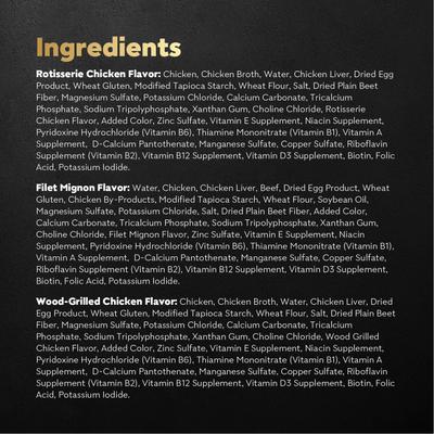 Show full view: Cesar Variety Pack Filet Mignon, Rotisserie Chicken, & Wood-Grilled Chicken Flavor Filets in Gravy Wet Dog Food, 1.76-oz mini-pouch, case of 40 slide 7 of 11